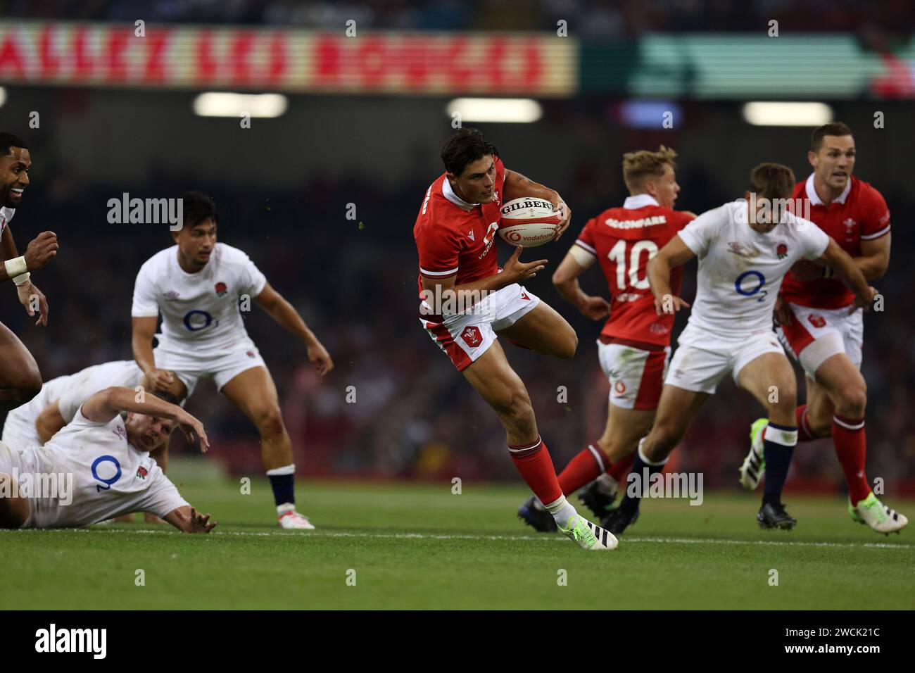 Cardiff, UK. 16th Jan, 2024. File picture, dated August 2023, Louis Rees-Zammit of Wales pictured during the Wales v England match at the Principality Stadium in Cardiff on Saturday 5th August 2023. It has been announced today that Louis Rees-Zammit is leaving Wales and the sport of rugby to go to the USA and pursue a career in the NFL. pic by Andrew Orchard/Andrew Orchard sports photography/ Alamy Live News Credit: Andrew Orchard sports photography/Alamy Live News Stock Photo