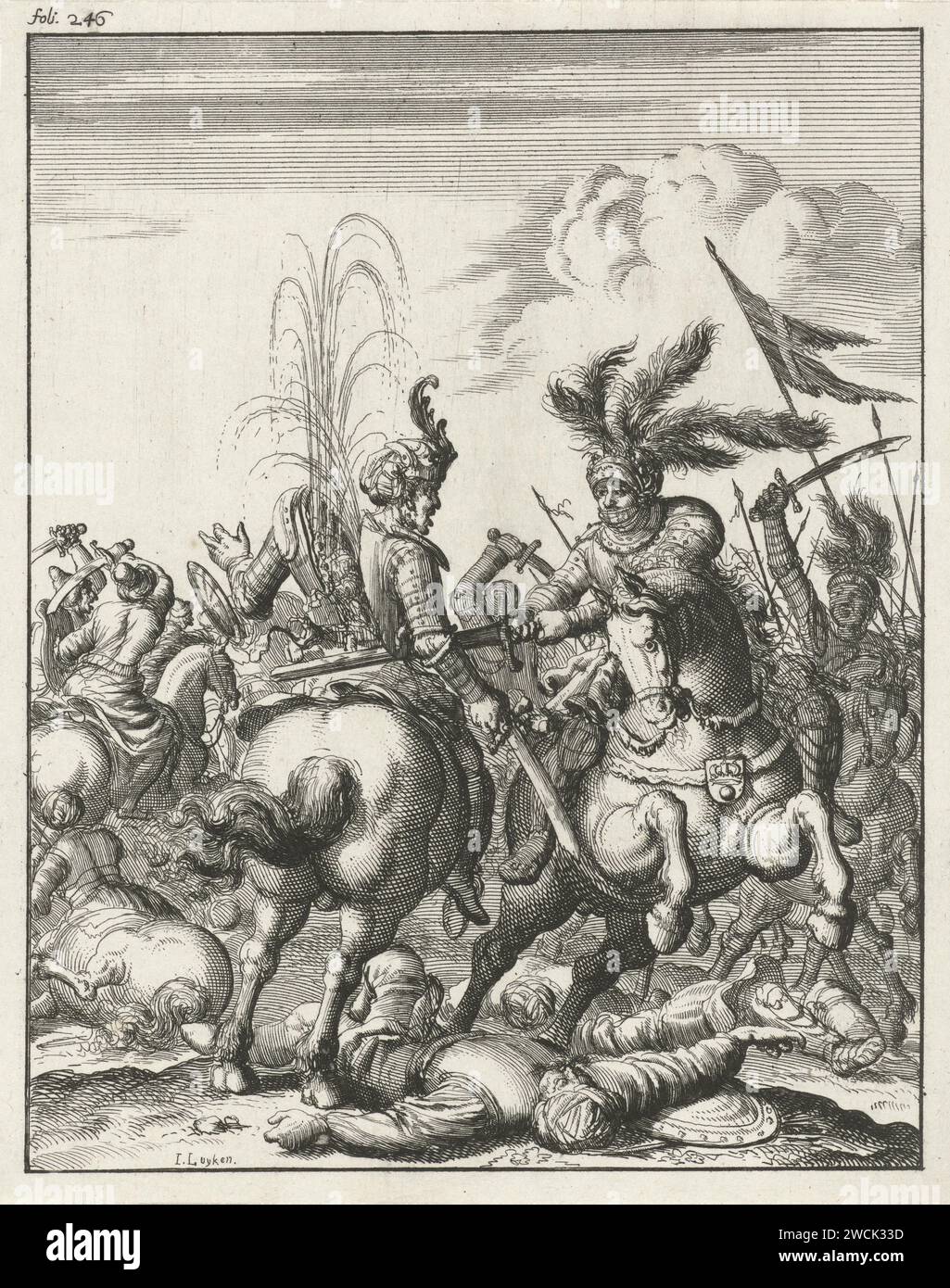 Emperor Koenraad III Kleg in a rider fight a Saracene, Jan Luyken, 1683 print Print on top left marked: Foli 246. Amsterdam paper etching militant proselytizing: religious war, crusade, etc.. battle Stock Photo