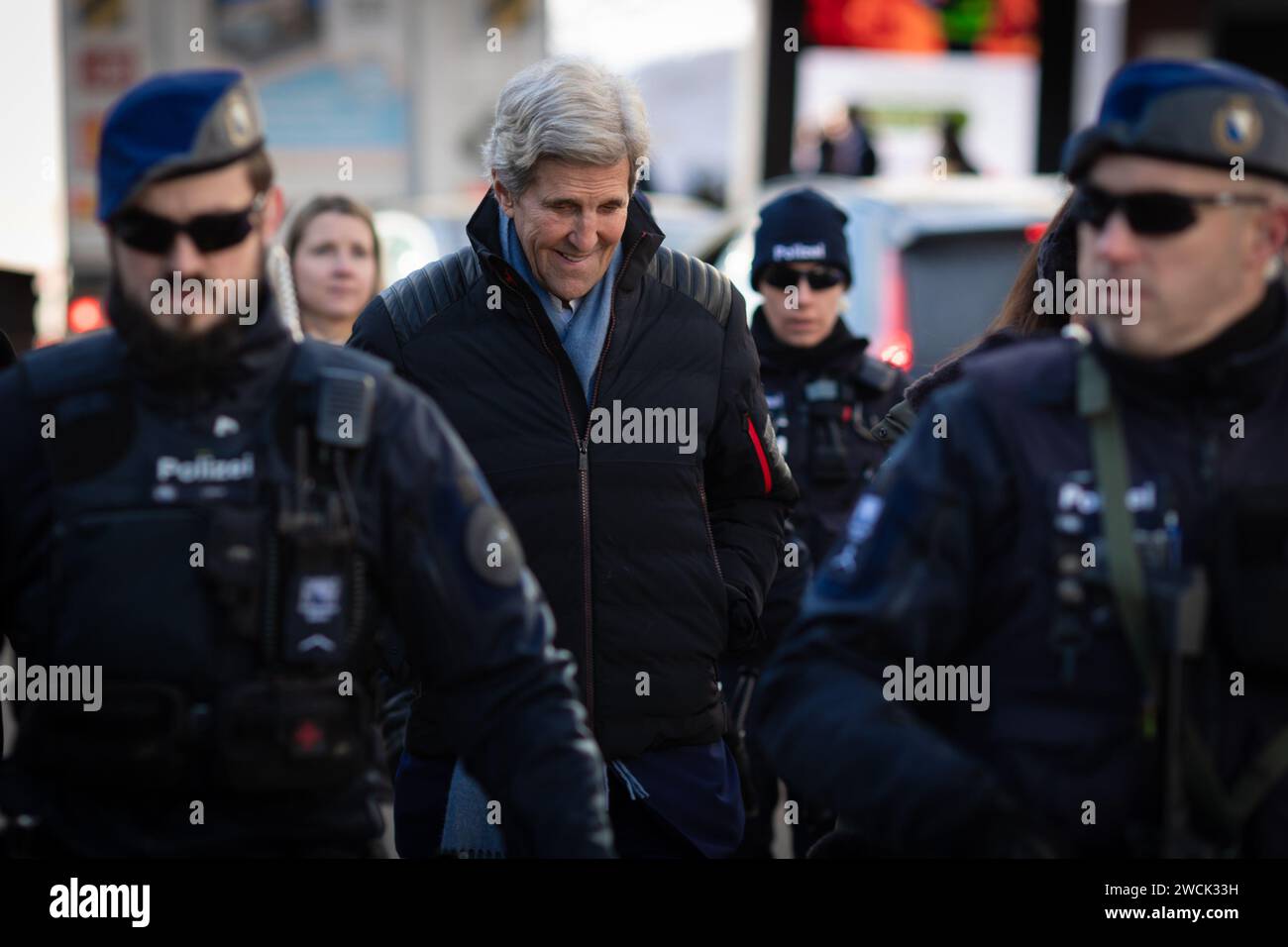 Davos, Switzerland . 16th Jan, 2024. The U.S. special presidential envoy for climate change, John Kerry, walks down the promenade towards the congress centre where the World Economic Forum is held. The week-long WEF event brings global leaders and industries together to shape the world's future. Credit: Andy Barton/Alamy Live News Stock Photo