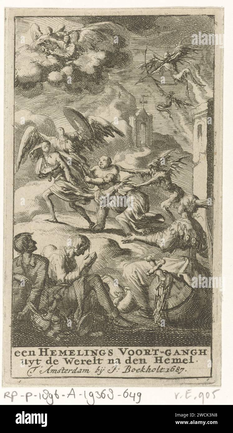 Chosen figure is stopped at the Hemelpoort by the meat and sin, Jan Luyken, 1687 print  Amsterdam paper etching the gate of heaven, entrance to heaven, 'porta coeli'. the blessed in heaven, and their activities. spirit (or soul) versus body. the Seven Deadly Sins (personified). devil(s) and demons: Satan. angels Stock Photo