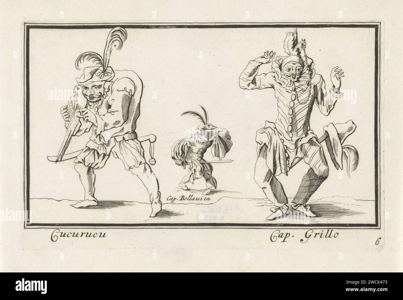 Shoreless, cap. Bellavita in Cap. Grillo, Anthorie de WINTER, after Jacques Callot, 1668 - 1707 print Three characters from the Commedia dell'arte. Left cucurucu with a parrot. In the middle cap. Bellavita with a sword between his legs and the right cap. Grillo with a squirrel on his head. Print Maker: Northern Netherlands Publisher: Amsterdam paper etching Types in 'Commedia dell'Arte' Stock Photo