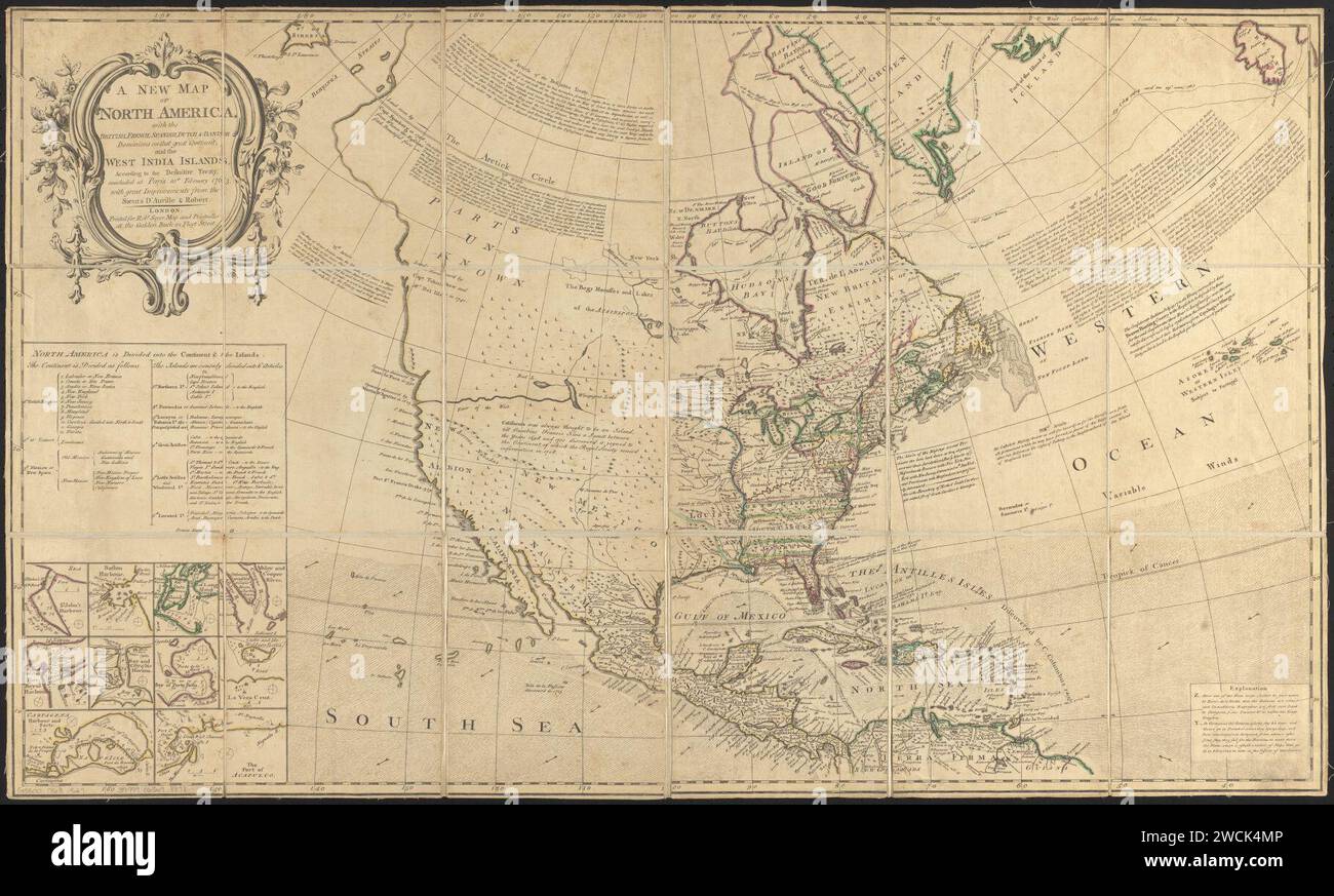 A new map of North America, with the British, French, Spanish, Dutch & Danish dominions..., according to the definitive treaty concluded at Paris 10th February 1763, by J. B. B. Anville and Didier Robert de Vaugondy Stock Photo