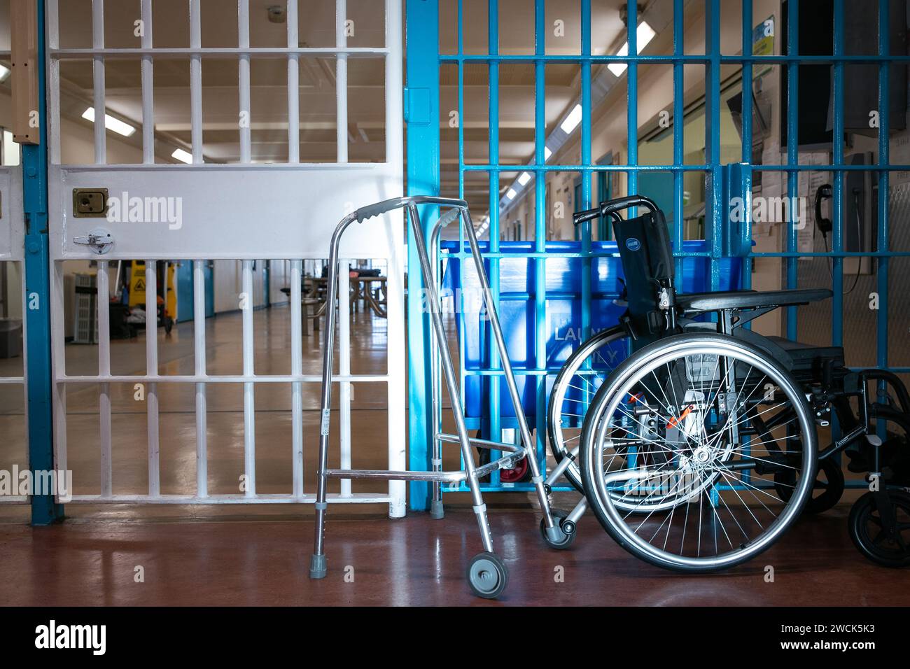 zimmer frame and wheelchair on a prison ward, Saughton Prison, Edinburgh, UK Stock Photo