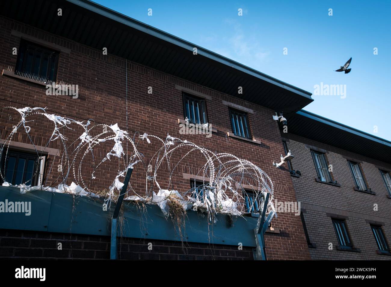 Barbed wire and exterior of Saughton Prison, Edinburgh, UK. Stock Photo