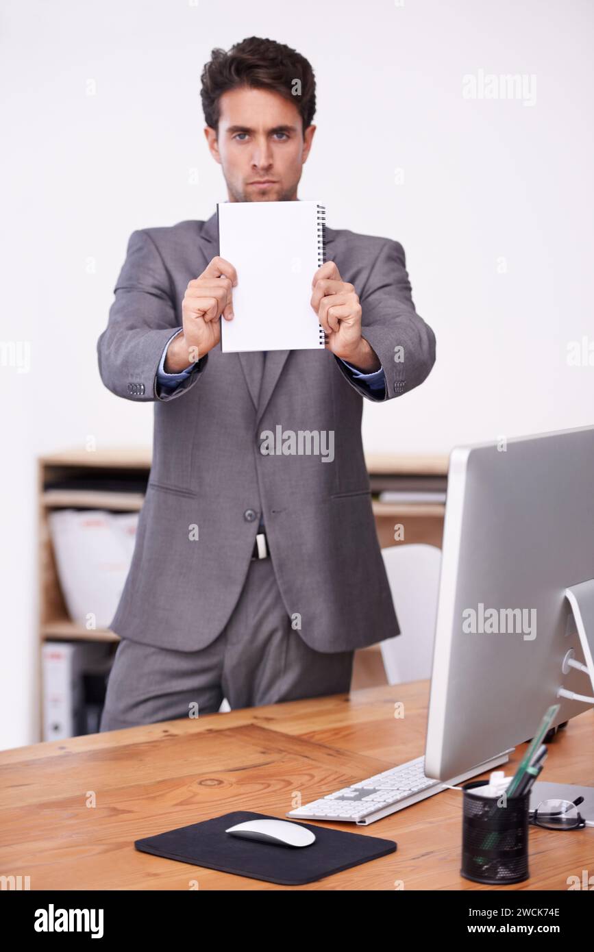 Businessman, holding and notepad in office for information, job policy and work conditions in company. Human resources manager, notice and stop with Stock Photo