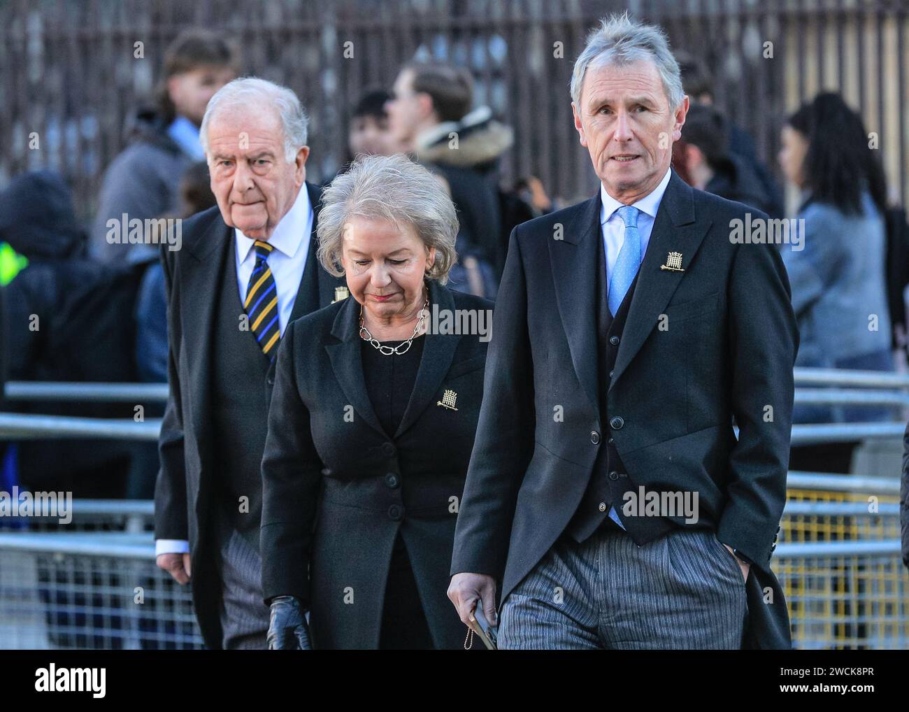 London, UK. 16th Jan, 2024. Nigel Evans (right), MP, Conservative, with Dame Rosie Winterton (middle), Deputy Speaker of the House of Commons, and Sir Roger Gale (left). Attendees at the Thanksgiving Service for former Speaker of the House of Commons, Betty Boothroyd, who died last year. The service was held at St Margaret's Church in Westminster. Credit: Imageplotter/Alamy Live News Stock Photo