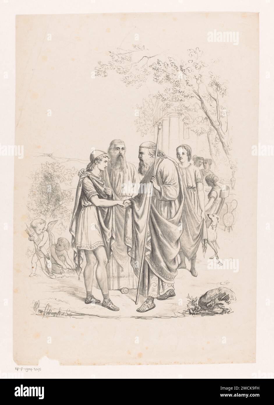 Telemachus visits Nestor on the island of Pylon, Wilhelmus Petrus van Geldorp, 1870 print Telemachus left home to find his father Odysseus. Athena, disguised as an old man named Mentor, accompanies him. She gives him the courage to address King Nestor. Rotterdam paper  Telemachus' encounter with Nestor at the sea-shore during a sacrifice to Neptune. shaking hands, 'dextrarum junctio'. Nestor. Telemachus in Pylus Stock Photo