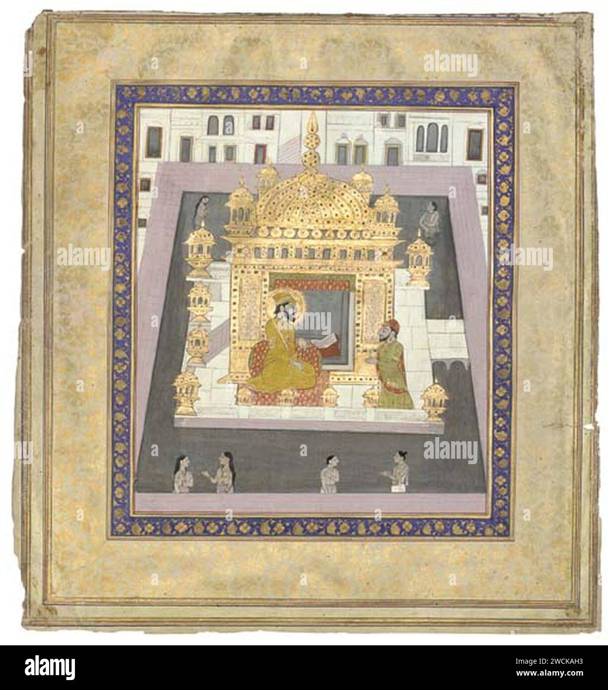 A Sikh Guru (Perhaps Guru Arjan Dev) Seated in the Golden Temple at Amritsar, Guler, circa 1830 (scan that showcases illumination colours of painting). Stock Photo