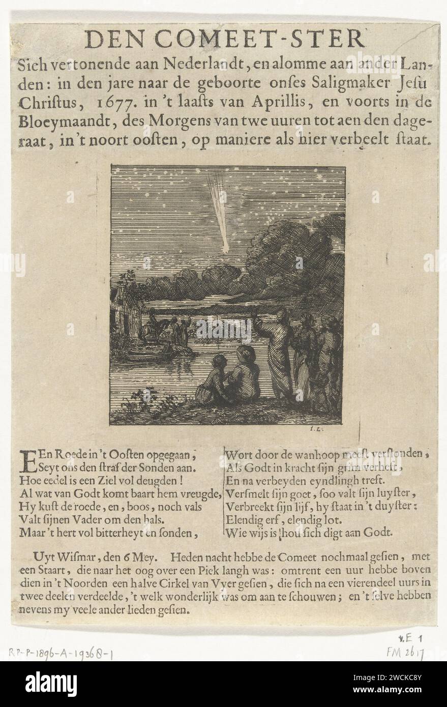 De Komet of 1677, Jan Luyken, 1677 print The comet who showed itself in the Netherlands in the months of April and May of the year 1677. The comet is observed by a group of people in the night sky. With poem of 14 lines. Northern Netherlands paper etching / letterpress printing comet Stock Photo