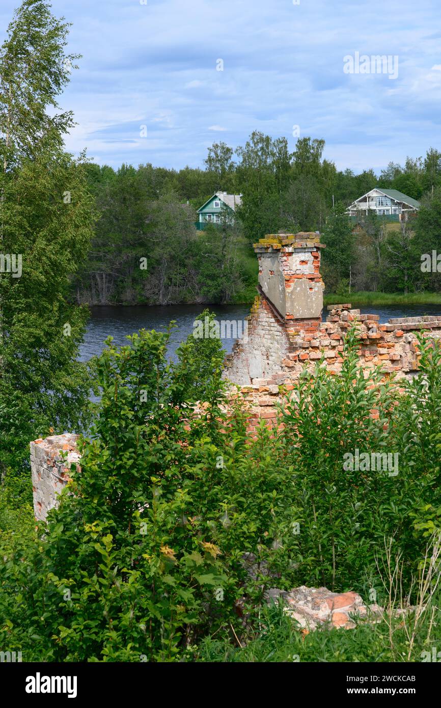 A ruined brick building with chimneys among lush vegetation on the river bank in Karelia in summer Stock Photo