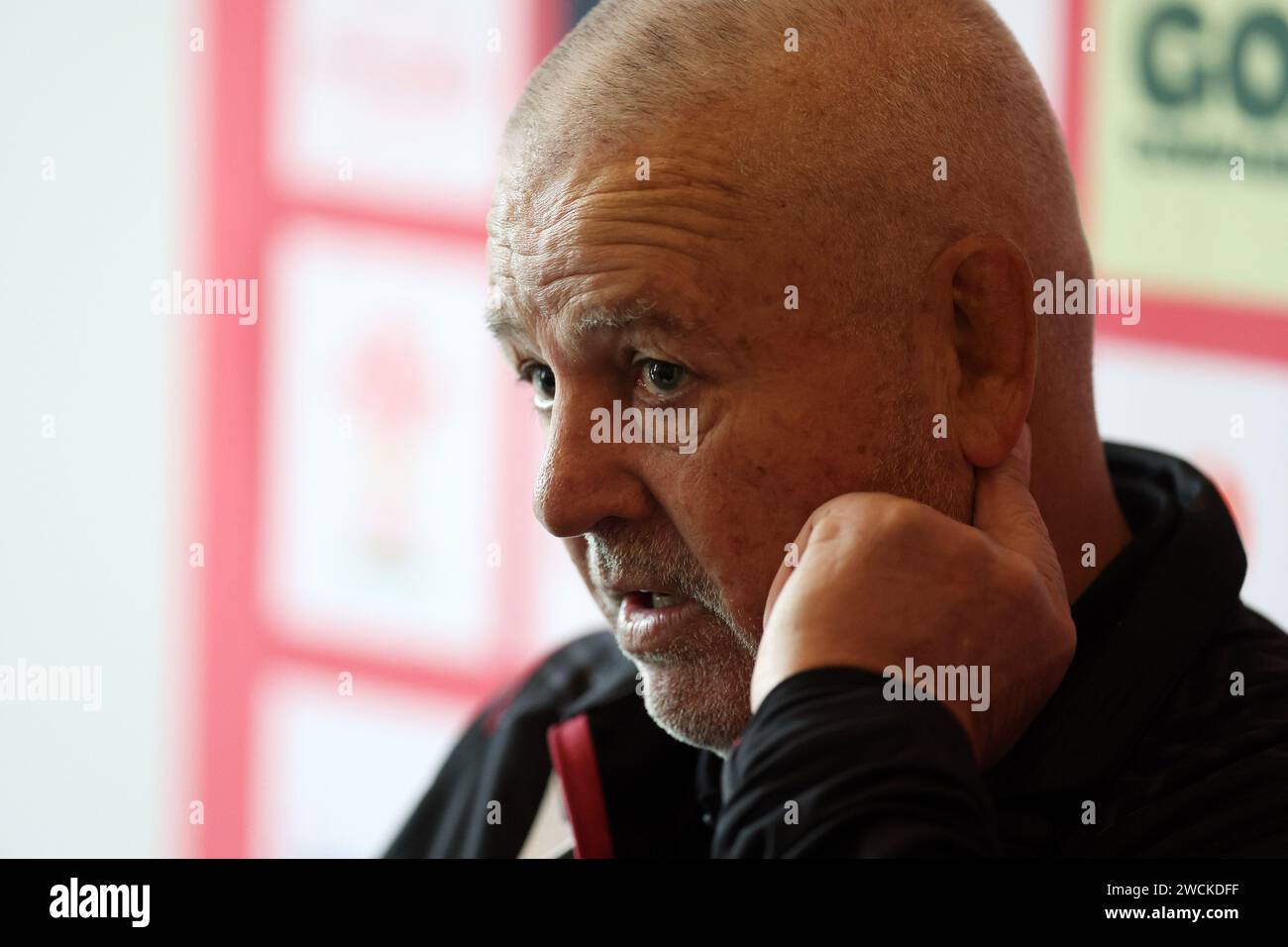 Cardiff, UK. 16th Jan, 2024. Warren Gatland, the head coach of Wales rugby team speaks to the media as he announces his Squad to play in this years Guinness six nations championship 2024 at the Vale Resort in Hensol, South Wales on Tuesday 16th January 2024. pic by Andrew Orchard/Andrew Orchard sports photography/ Alamy Live News Credit: Andrew Orchard sports photography/Alamy Live News Stock Photo
