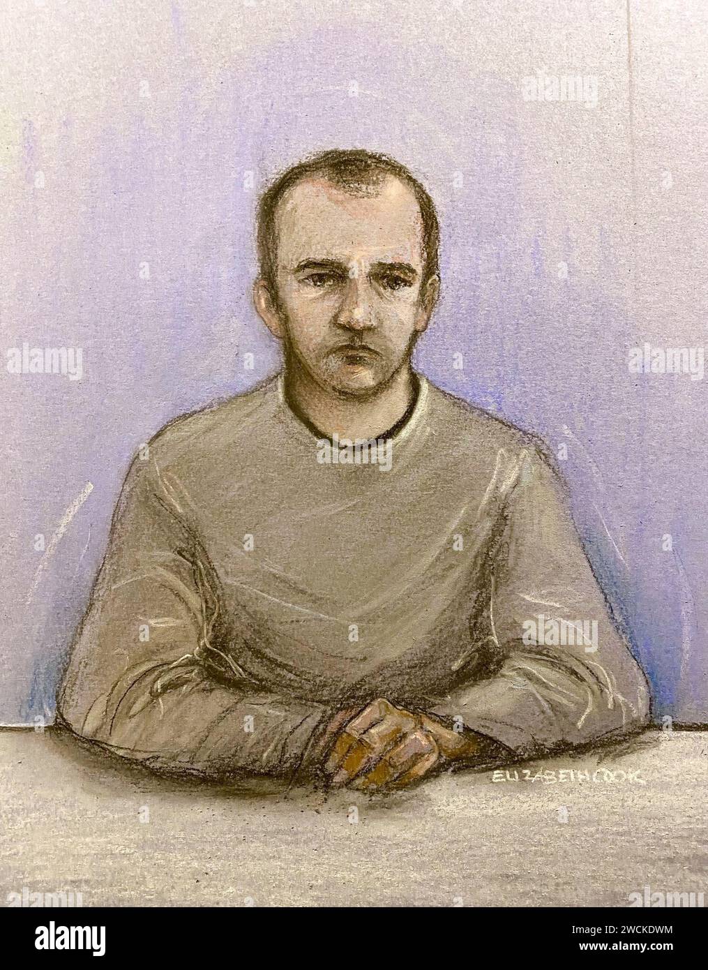 Court artist sketch by Elizabeth Cook of Pc Dean Dempster, appearing