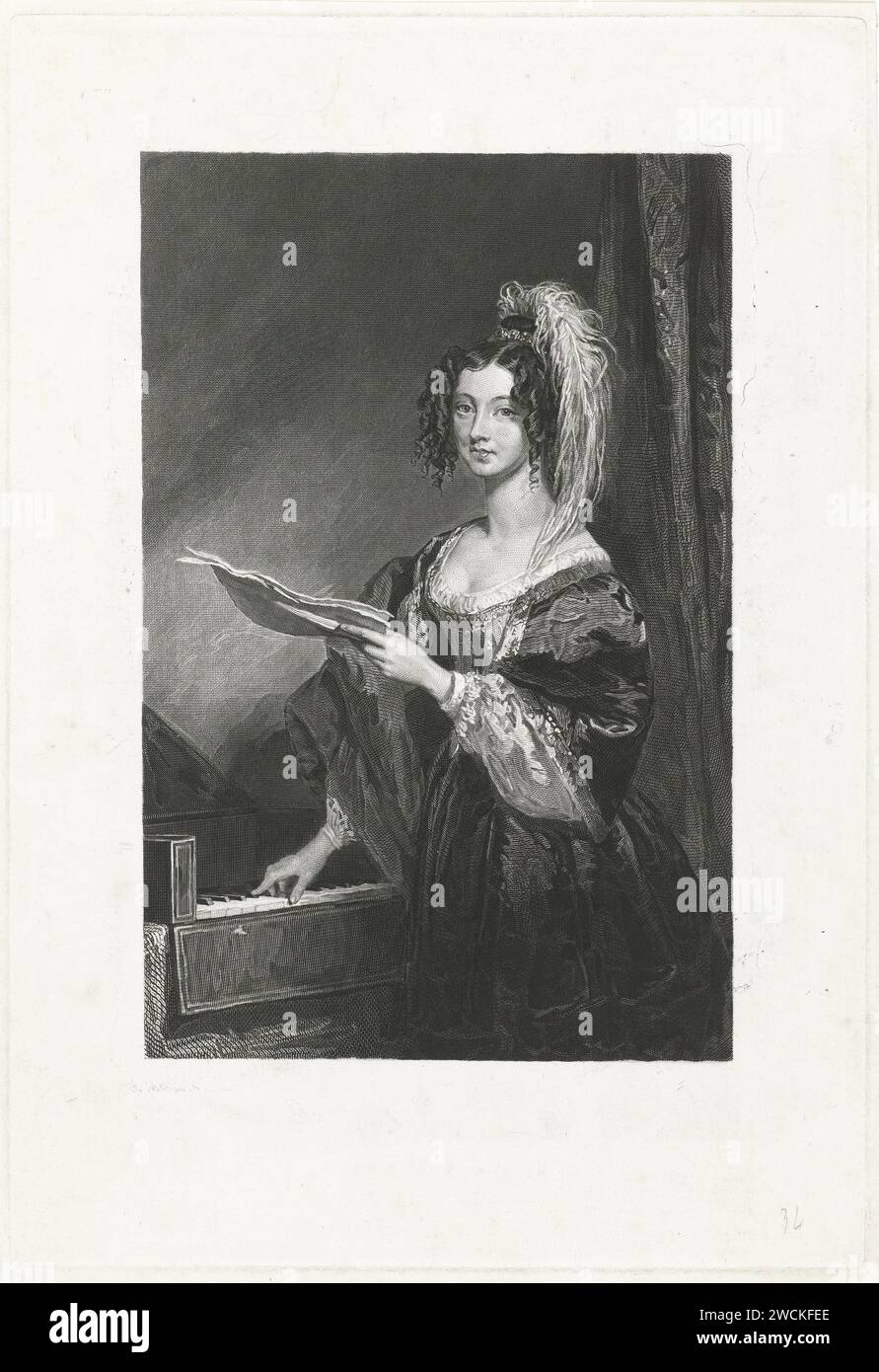 Lady for a keyboard, Johannes de Mare, after Charles Robert Leslie, 1816 - 1888 print A lady for a keyboard on which she holds the right hand, with a sheet of paper in the other hand. paper steel engraving spinet, virginal. adolescent, young woman, maiden Stock Photo