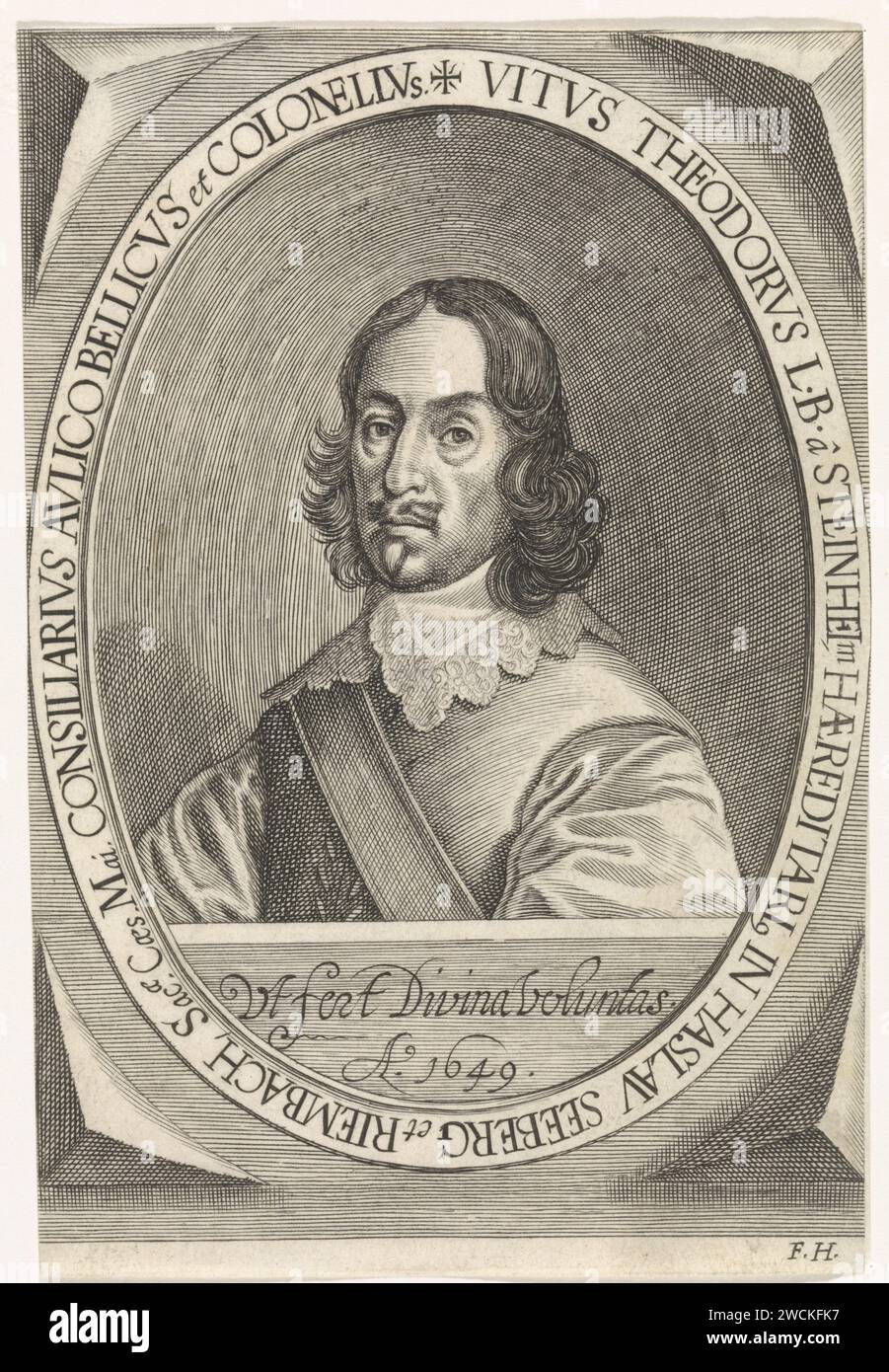 Portrait of Theodorus van Steinheim, Friedrich van Hulsen, 1649 print Bust van Theodorus van Steinheim, to the left in an oval with a border script in Latin. Frankfurt am Main paper engraving Stock Photo