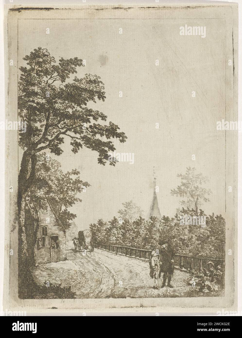 Landweg, Johan Antonie Kaldenbach, 1770 - 1786 print Landweg with current figures and a farmhouse, where a woman leans over the lower door. In the background a car with two horses and on the right a church tower protrudes above the trees.  paper etching road, path. four-wheeled vehicle drawn by two animals. parts of church exterior and annexes Stock Photo