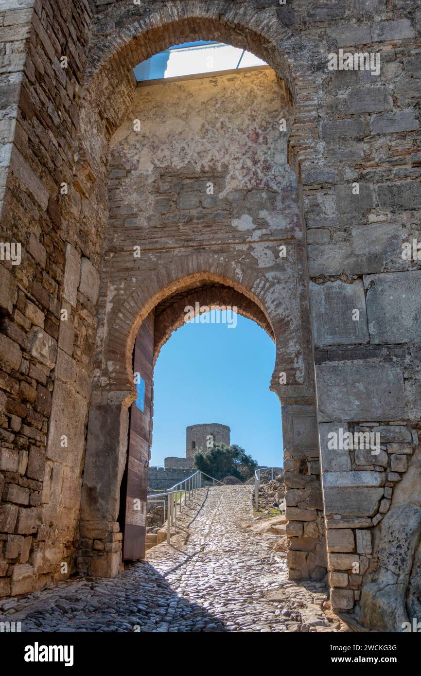 View of the entrance gate to the castle of Jimena de la Frontera, a beautiful village in the province of Cadiz, Andalusia, Spain. Stock Photo