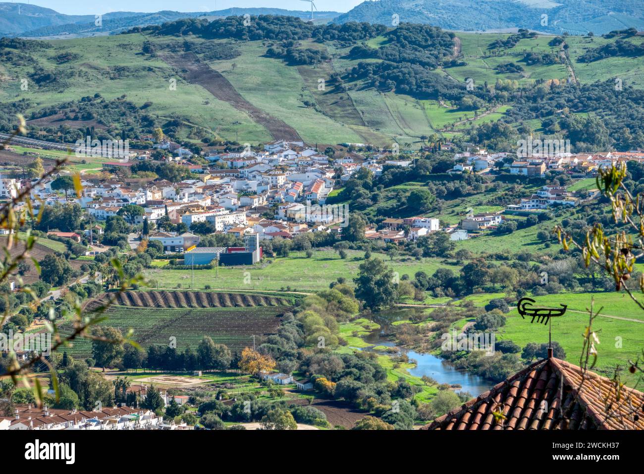 View from above of Jimena de la Frontera, a pretty white town in the province of Cadiz, Andalusia, Spain Stock Photo