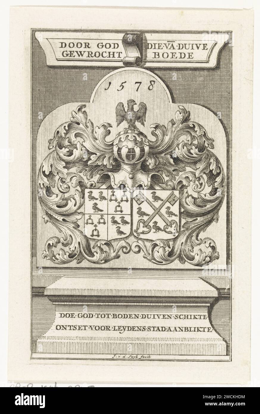 Coat of arms of Willem Cornelisz. Van Duyvenbode, 1578, Johannes van der Spyck, 1736 - 1761 print Coat of arms of the Leiden organist Willem Cornelisz., Who in 1578 acquired the right to call himself Van Duyvenbode. This as a reward for the deployment of his pigeons as carrier pigeons for communication during the siege between the city council of Leiden and the troops of the Prince of Orange. Leiden paper etching / engraving armorial bearing, heraldry Stock Photo