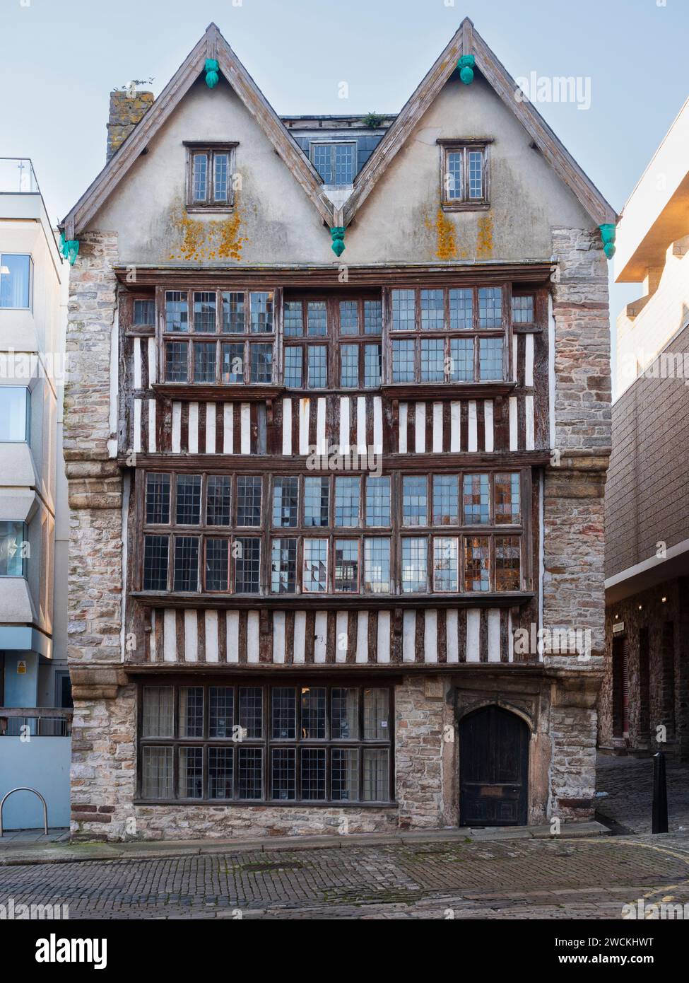 Timbered facade of the 16th Century Merchant's House on St Andrews Street, Plymouth, Devon Stock Photo