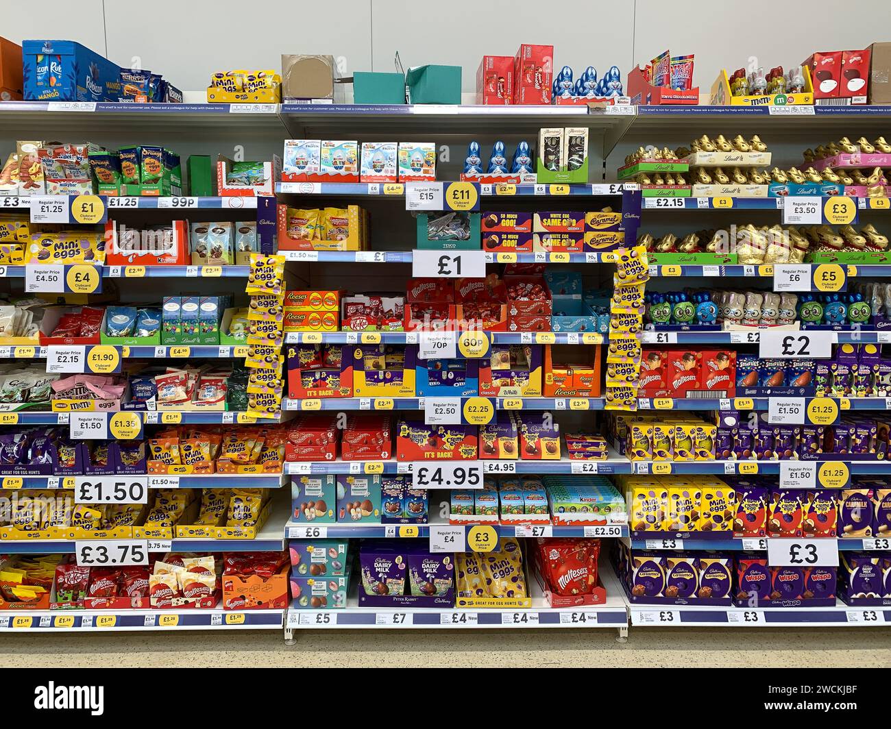 Taplow, UK. 16th January, 2024. Easter Eggs for sale in January in a Tesco supermarket in Taplow, Buckinghamshire. Easter Sunday isn't until 31st March 2024. Credit: Maureen McLean/Alamy Stock Photo