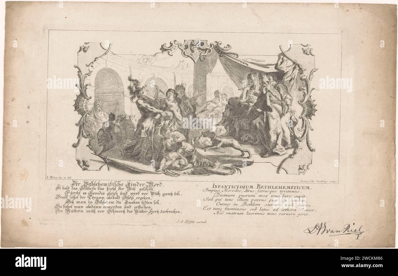 Children's Moord Te Bethlehem, Johann Christoph Steinberger, after Johann Evangelist Holzer, 1719 - 1727 print The child murder in Bethlehem. Under the watchful eye of King Herod, seated on his throne, newborn children are killed by soldiers. In vain, mothers try to protect their sons. A rocaille frame around the show. Twice a seven -line German and Latin text in the lower margin. Augsburg paper etching the massacre ot the innocents; sometimes Herod looking on Stock Photo
