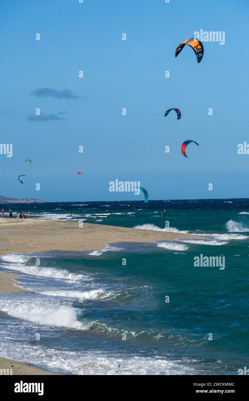Kite surfing off Los Barriles, Baja California Sur, Mexico Stock Photo