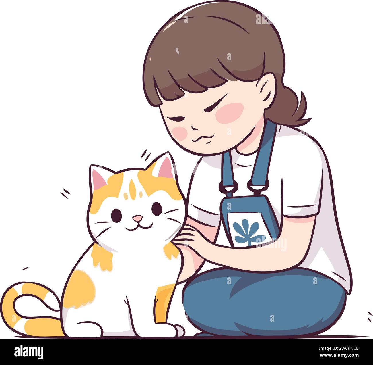 Girl petting cat. Cute cartoon character. Vector illustration Stock