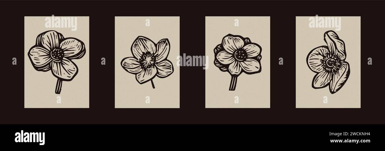 Handmade linocut floral motif clipart in folkart scandi style. Set of simple monochrome block