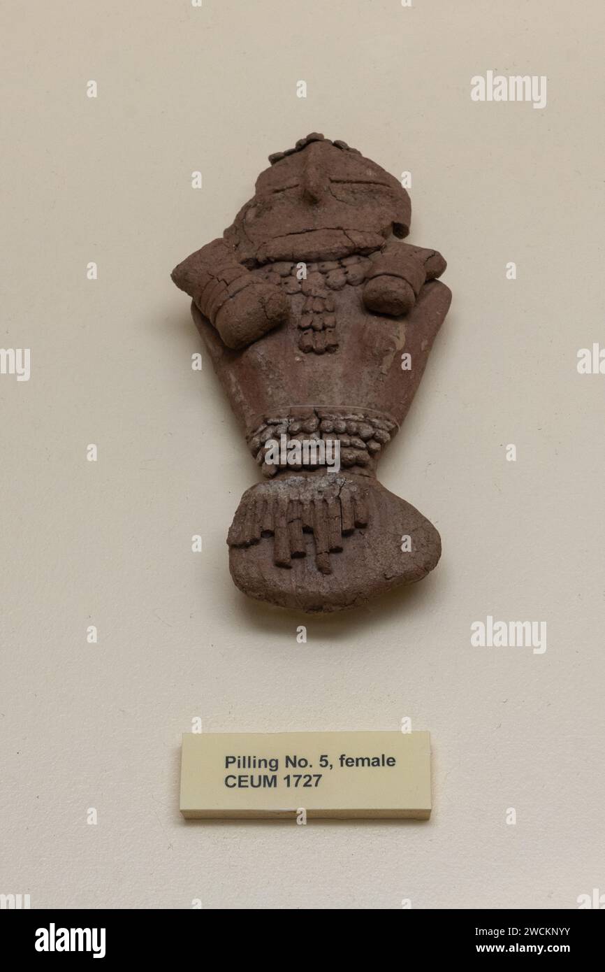 A female Fremont culture clay figurine in the USU Eastern Prehistoric Museum in Price, Utah.  One of the Pilling Figurines. Stock Photo
