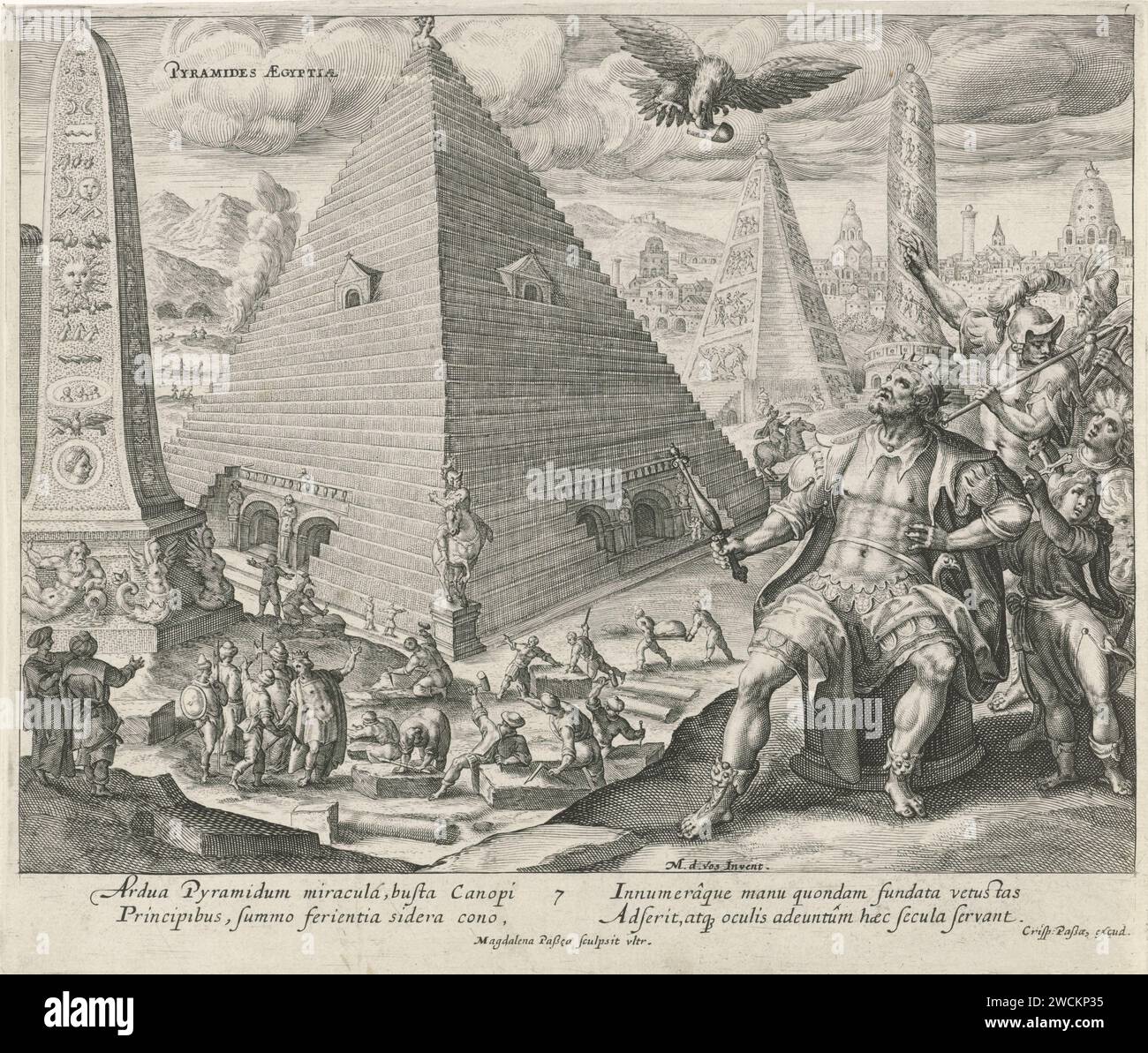 Pyramids of Egypt, Magdalena van de Passe, After Maerten de Vos, 1610 - 1638 print Various Egyptian pyramids and obelisks. Men made to slave scoop clay from the river, which is then baked into stones in a burning oven for the buildings. In the foreground, Pharaoh Psammetiches is on a stone block. He looks at an eagle with a sandal in his mouth (a reference to a fable of Aesopus about the relationship between Rhodopis, a young Egyptian woman, and the pharaoh). In the margin a caption in Latin. Print from a series with the seven wonders of the world. Utrecht paper engraving Egyptian pyramids (Wo Stock Photo