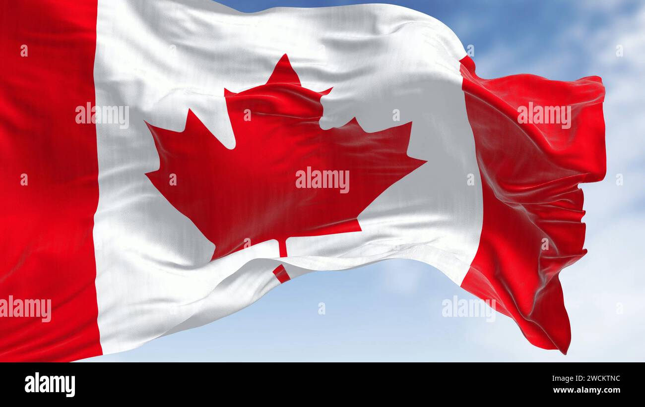 Close-up of Canada national flag waving in the wind on a clear day. White square in center and red stylized maple leaf with eleven points. 3D illustra Stock Photo