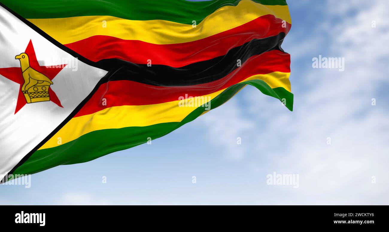 Zimbabwe national flag waving. Horizontal stripes of green, yellow, red