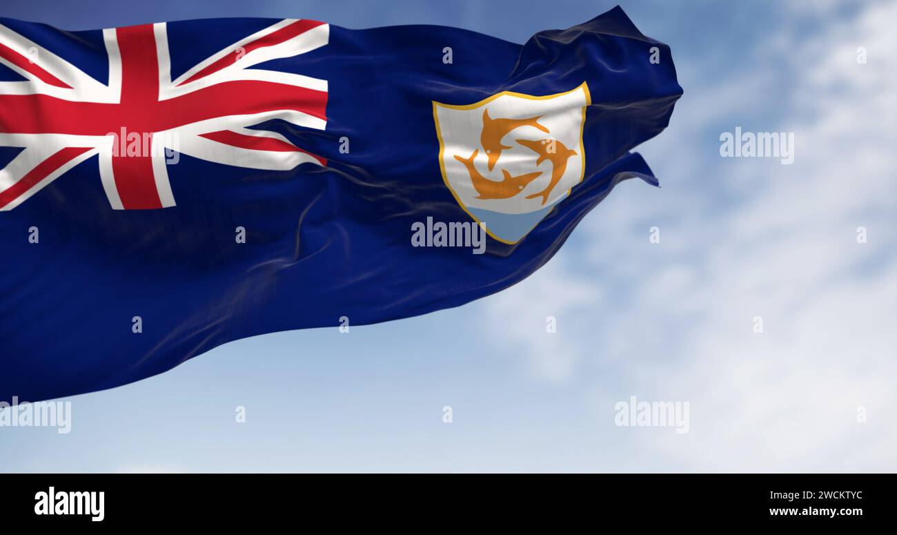 Anguilla Flag waving in the wind on a clear day. Blue Ensign with British flag in canton, coat of arms, three dolphins on white shield. 3d illustratio Stock Photo