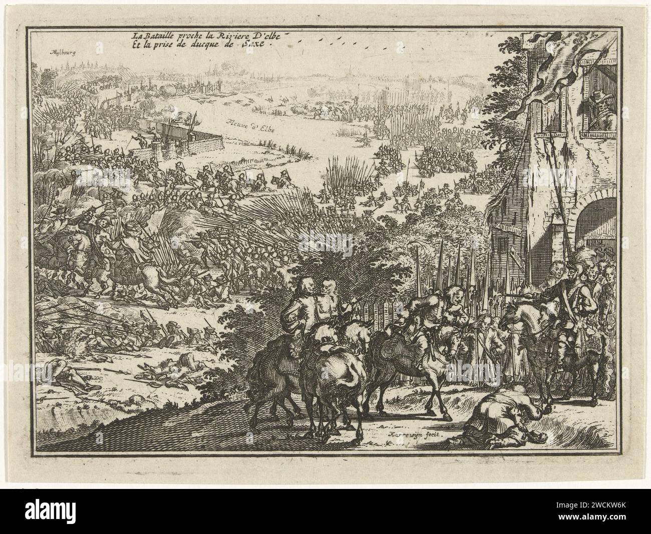 Fight at the Elbe, Jacobus Harrewijn, 1682 - 1730 print  Low Countries paper etching battle (+ during the battle) Elbe Stock Photo