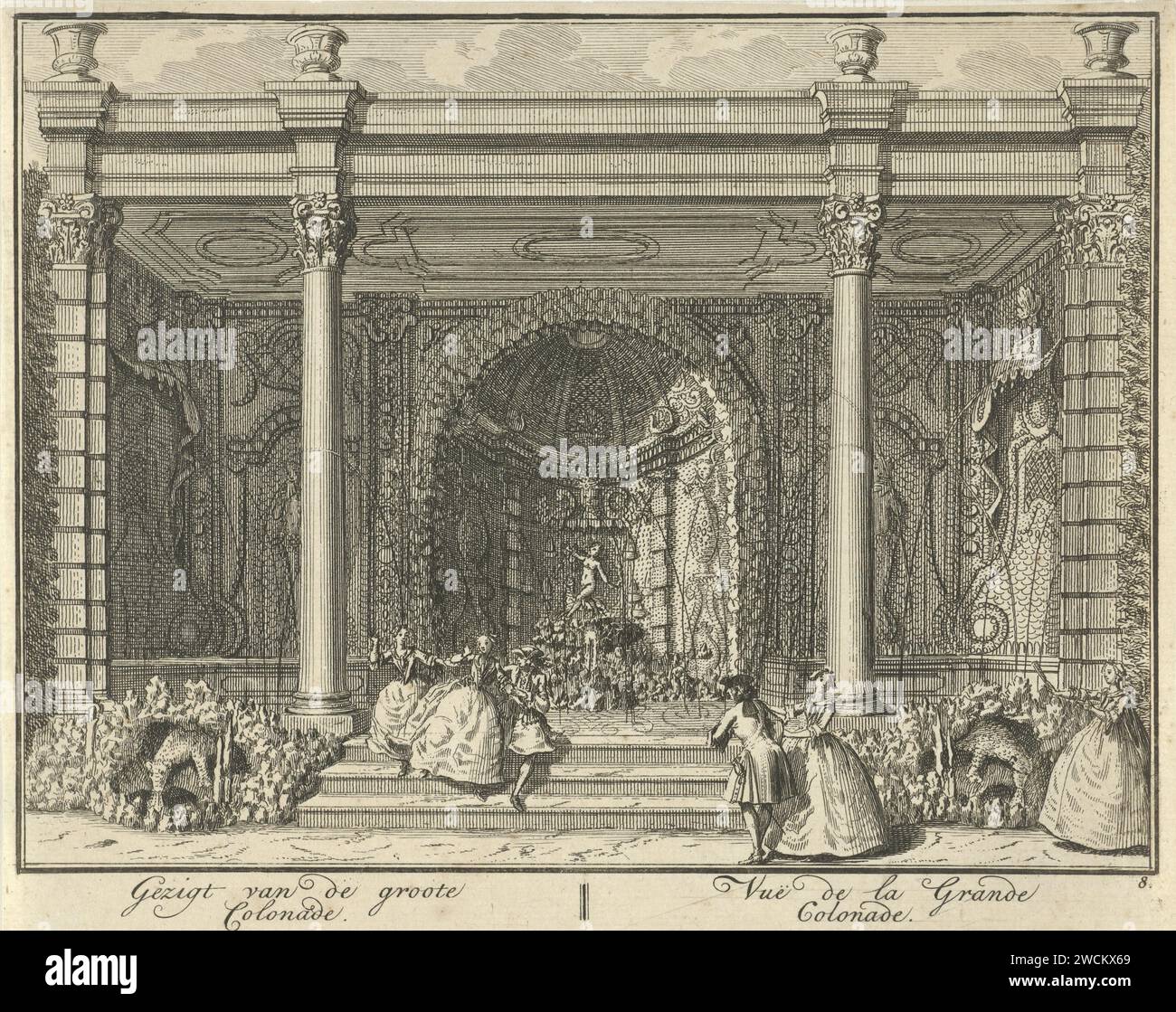Colonnade in the garden of Huis ter Meer in Maarssen, Hendrik de Leth, c. 1740 print View of the richly decorated colonnade in the French garden of Huis ter Meer in Maarssen, with a few figures in the foreground. The print is part of a series with 26 faces at Huis ter Meer and the accompanying estate in Maarssen.  paper etching country-house. French or architectonic garden; formal garden House Ter Meer Stock Photo
