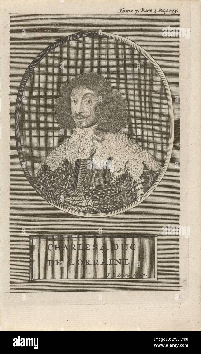 Portrait of Karel V Leopold, Duke of Lorraine, Jan de Leeuw, 1704 print Portrait bust in oval to the left of Karel v Leopold, Duke of Lorraine, Barefooted and dressed in a harness. Under the portrait, a plaque is the name of the portrayed person. Print at the top right marked: Tome 7. Part 2. p. 175.  paper engraving Stock Photo