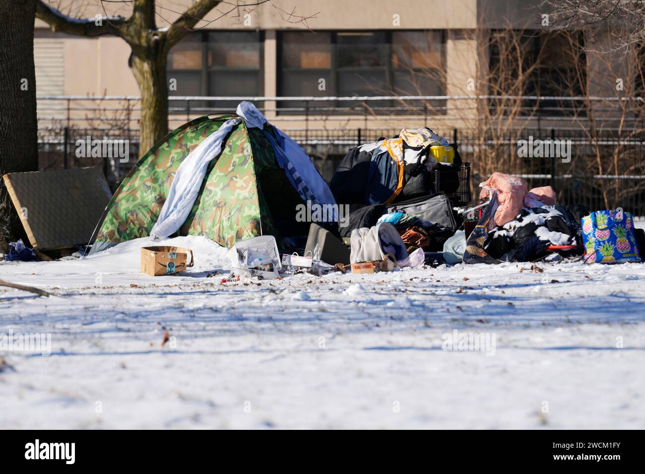 A homeless persons tent is seen across the Montrose beach in Chicago