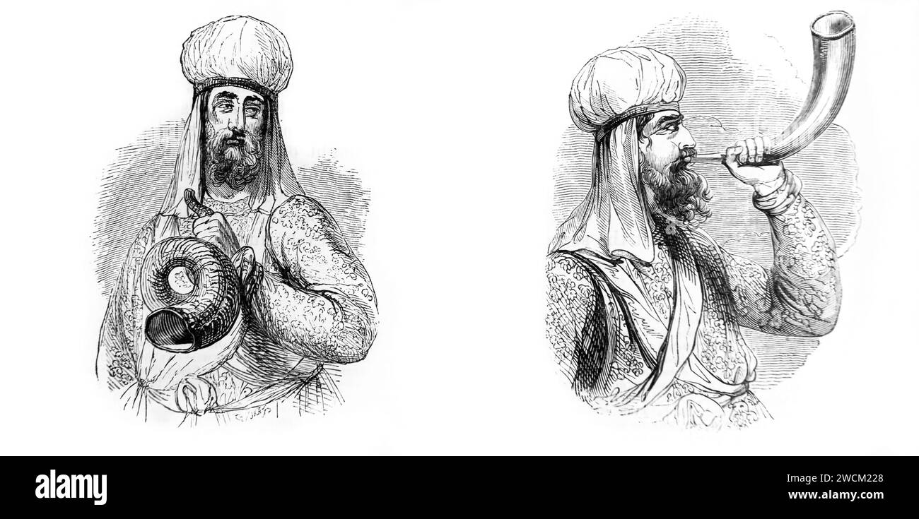 Illustration of a Priests Blowing Shofars one Ram's Horn the other Ox's