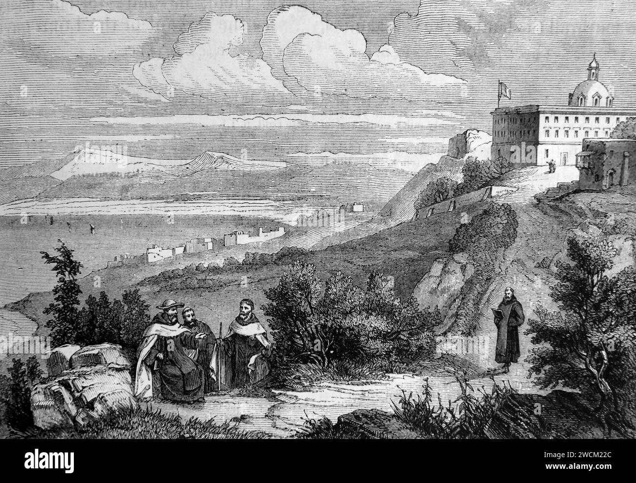Illustration of Biblical scene of Monks at Mount Carmel from Illustrated Family Bible Stock Photo