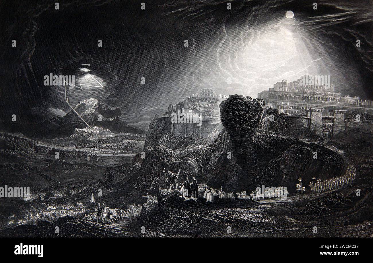 Illustration of Joshua Commanding the Sun to Stand Still from painting by John Martin - At Gibeon Joshua urges God to Stop the Sun moving to give his Stock Photo