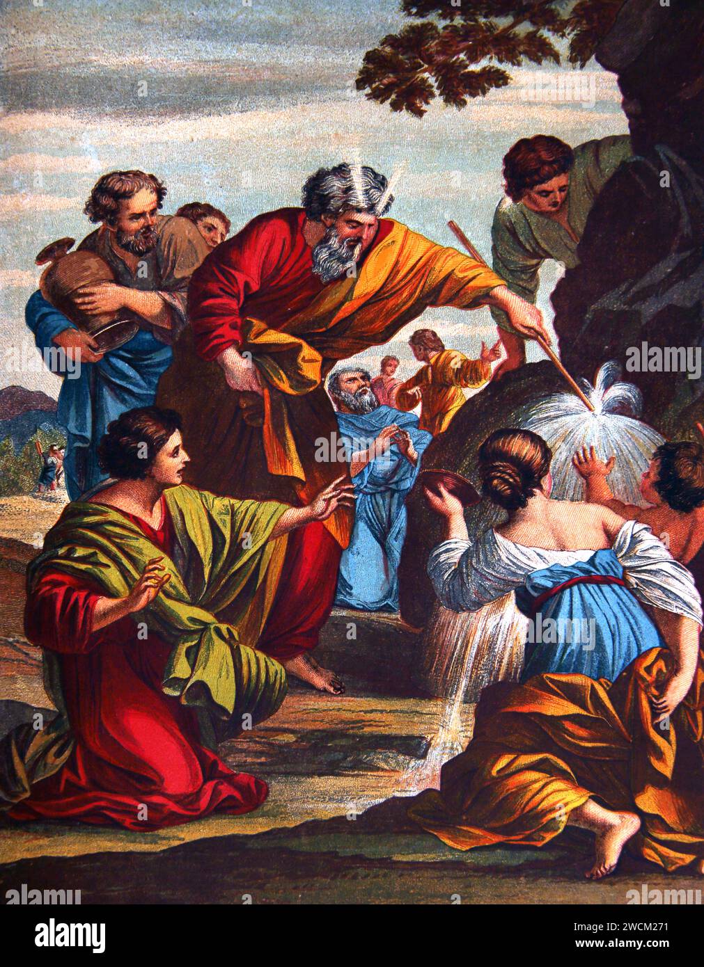 Moses Striking the Rock twice and Water began to flow By Romanello  from Illustrated Family Bible Stock Photo