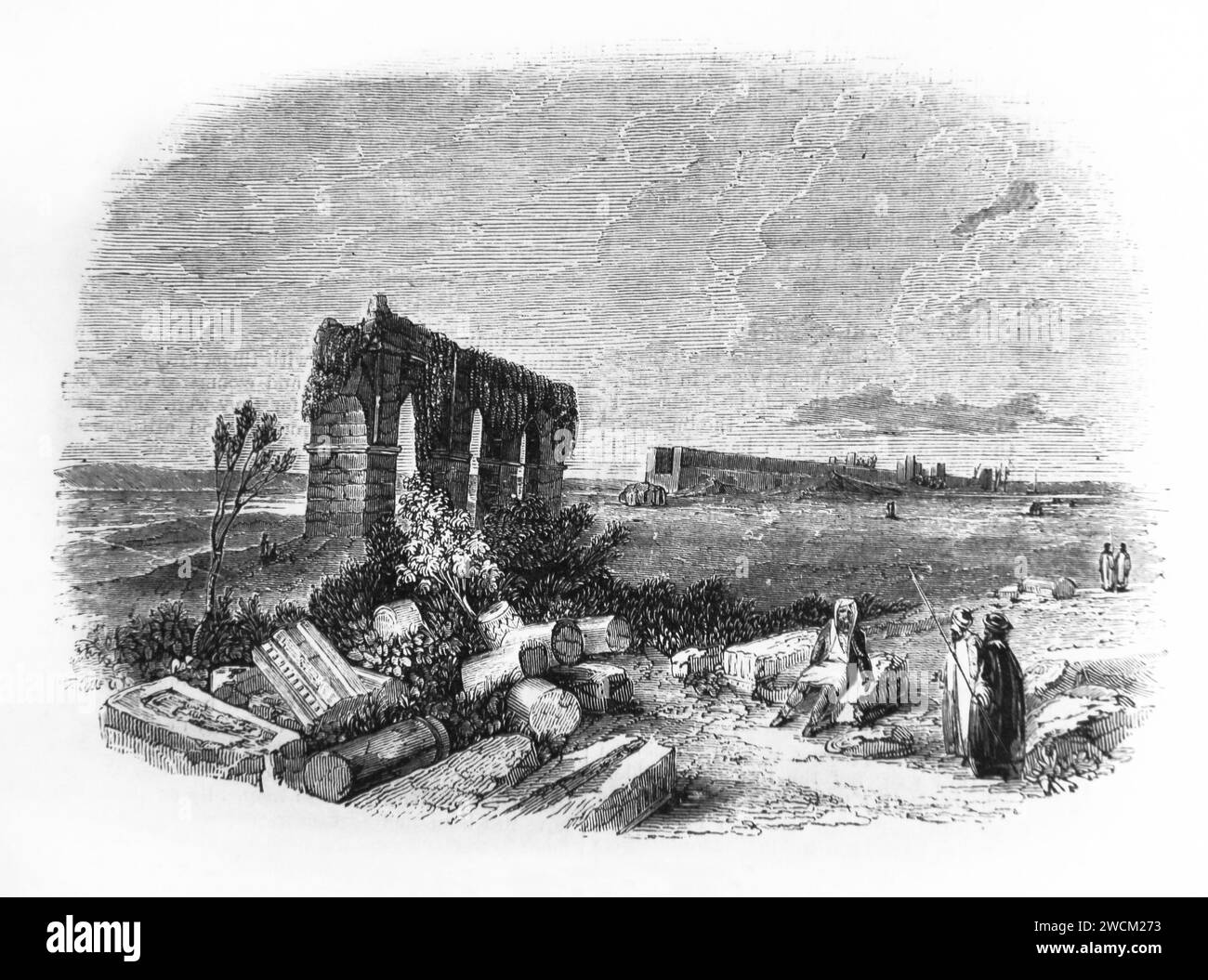 Wood Engraving of the Ruins of Tyre Lebanon from Illustrated Family Bible Stock Photo