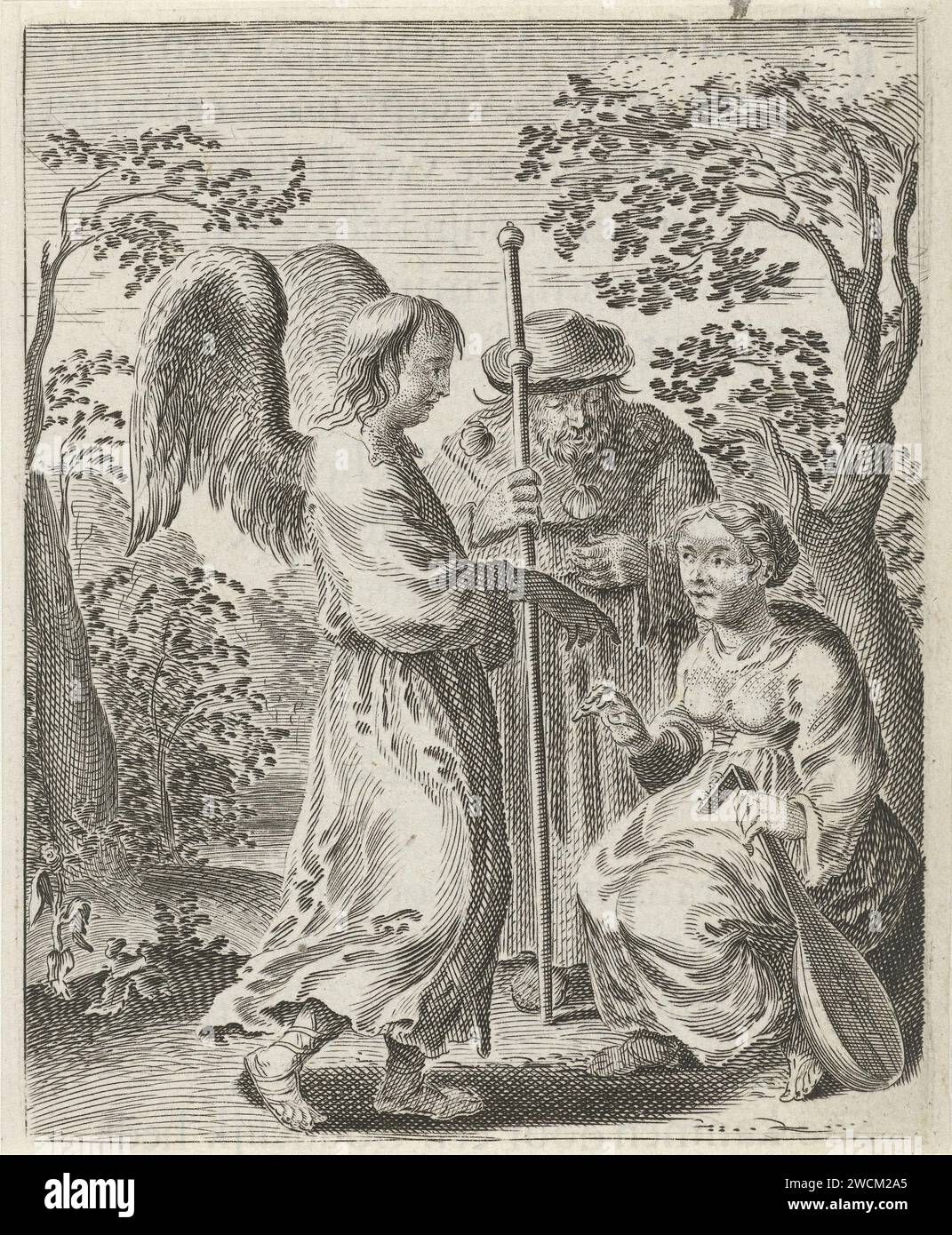 Assignment to hymn in a foreign country, Pieter Nolpe, 1640 print In a landscape there is a pilgrim with pilgrim staff and Sint Jakobs shells on his cloak. Next to him is a woman with a lute in her hands and in front of them is an angel who points to the lute. Illustration with a text from the book Christelycke Offerande from 1640 about the praise of Singing God in a foreign country. Amsterdam paper engraving lute, and special forms of lute, e.g.: theorbo - CC - out of doors. pilgrim(s). (oyster) shell  attribute of pilgrim(s). angels Stock Photo