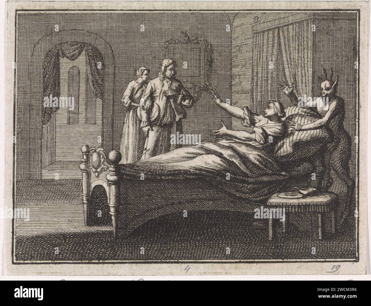 Sick woman receives her lover, Caspar Luyken, 1704 print  Nuremberg paper etching / letterpress printing partner deceived. sick-bed. devil(s) and demons Stock Photo