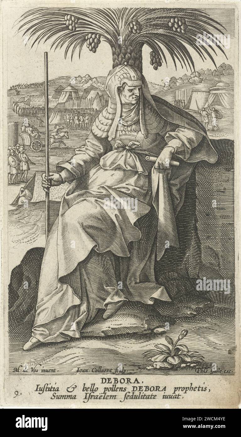 Debora, Jan Collaert (II), After Maerten de Vos, 1588 - 1595 print In the foreground the Prophetes Debora, one of the judges of Israel, under a palm tree. In the background the army of the Israelites that is preparing for the war against General Sisera. The print has a Latin caption and is part of a press series with famous women from the Old Testament. Antwerp paper engraving female persons from the Old Testament (with NAME) (not in biblical context). Deborah (sitting under a palmtree) beseeches Barak to attack Sisera and his army Stock Photo