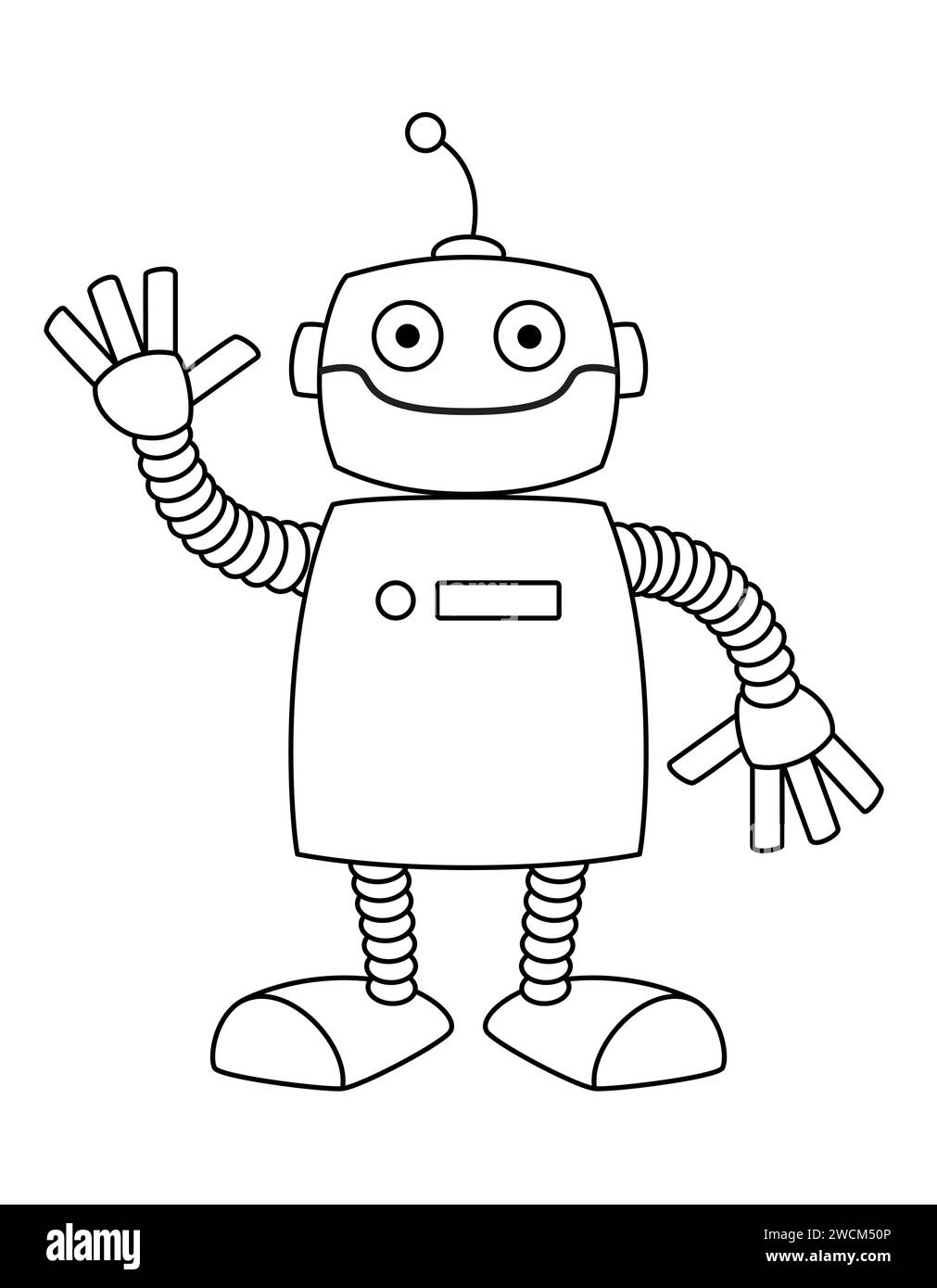robot, black and white vector cartoon illustration of humanoid robot