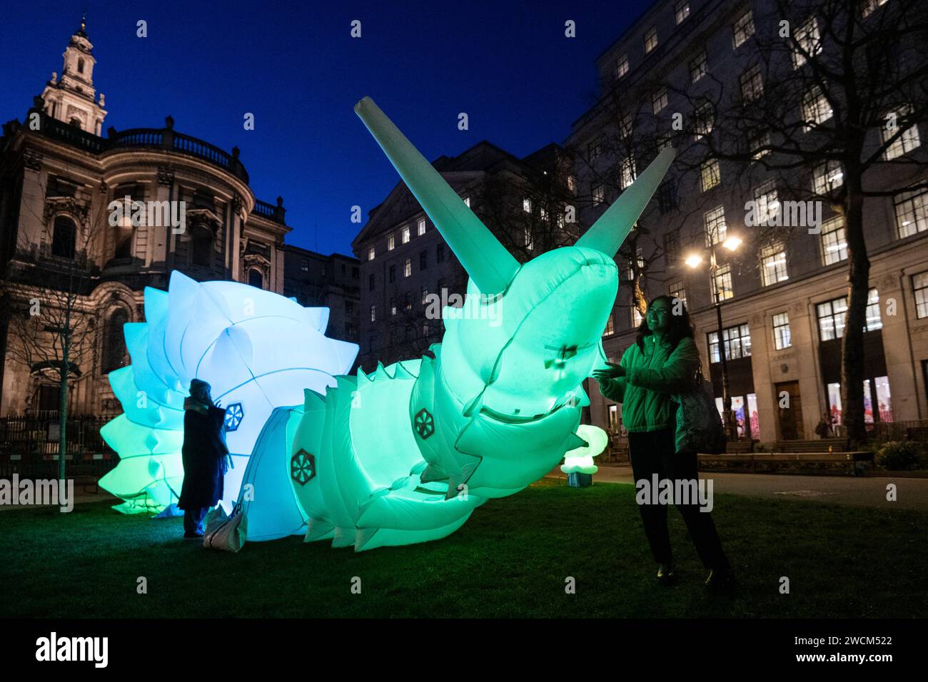 London, UK. 16 January 2024. An installation of giant soft robots