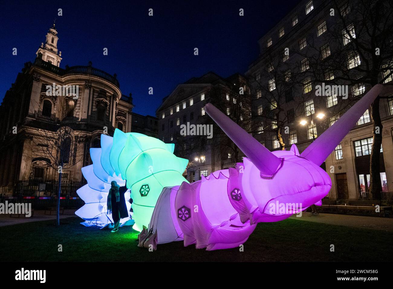London, UK. 16 January 2024. An installation of giant soft robots
