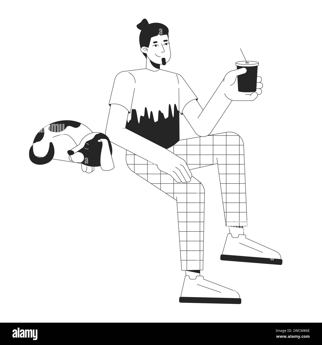 Sleeping dog and happy guy chilling with drink black and white 2D line