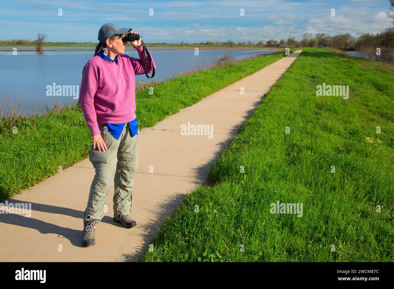 Birding on Lost Slough Wetlands Walk, Cosumnes River Preserve, California Stock Photo